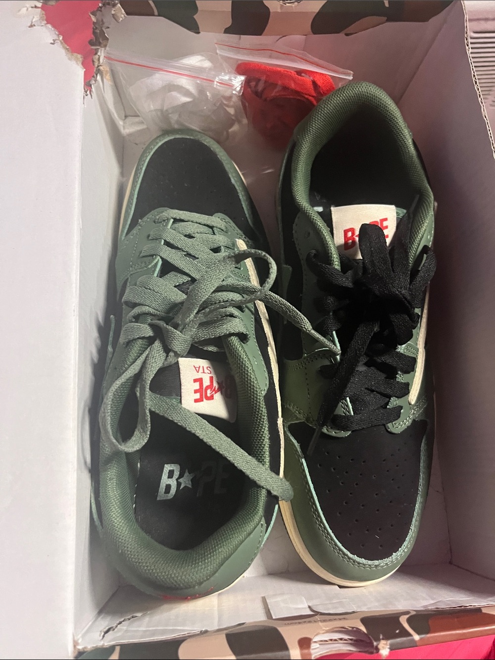Bape Men Sneakers in Olive Green and Black with Cream Accent